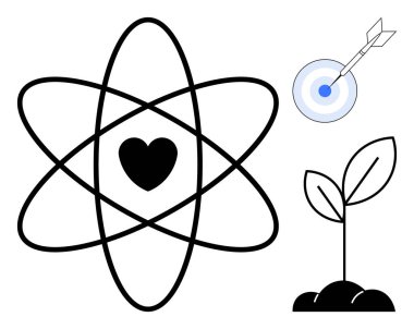 Merkezde kalbi olan bir atom, küçük bir bitki filizleniyor ve ok ile hedef alınıyor. Yenilik, bilim, hedefler, sürdürülebilirlik, aşk gelişimi için idealdir. Temiz, düz metafor