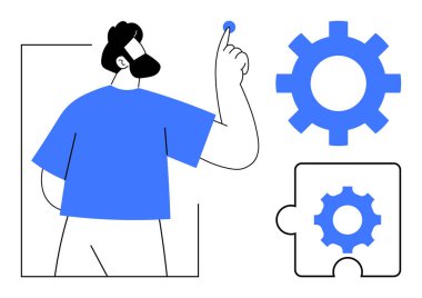 Teçhizat ve yapboz parçasıyla el kaldıran kişi, yenilik, takım çalışması, çözüm, planlama, işbirliği, yaratıcılık ve üretkenliği temsil ediyor. Strateji teknik süreci için ideal