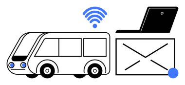 Otobüs, kablosuz sinyal, dizüstü bilgisayar ve dijital zarf birbirine bağlı ulaşım, uzaktan çalışma ve iletişimi simgeliyor. Teknoloji, ulaşım, hareketlilik üretkenlik ağı erişimi için ideal modern yaşam