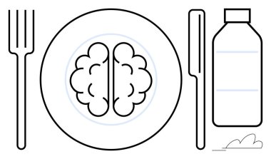 Çatalla bıçak arasında bir tabakta beyin, şişenin yanında. Zihinsel sağlık, bilgi, eğitim, yaratıcılık, beslenme, bilişsel gelişim için idealdir. Basit düz metafor