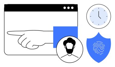 Tarayıcı penceresindeki el işaretleri, kullanıcı profili, kalkandaki parmak izleri ve saat. Kimlik doğrulama, kimlik, güvenlik, gizlilik teknolojisi veri erişim süresi için ideal. Basit düz metafor