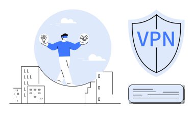 Şehrin üzerinde yürüyen adam asma kilit ve tokalaşma simgeleri tutuyor, siber güvenlik dengesini vurguluyor. İnternet güvenliği, güvenlik, mahremiyet, VPN, teknoloji, çevrimiçi güvenlik, güven kavramı için ideal