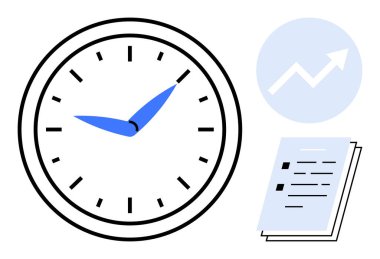 Mavi elli saat, yükselen büyüme tablosu ve belge kontrol listesi verimliliği ve zaman planlamasını temsil ediyor. Verimlilik, planlama, görev öncelikleri, iş büyümesi, organizasyon, odaklanma için ideal