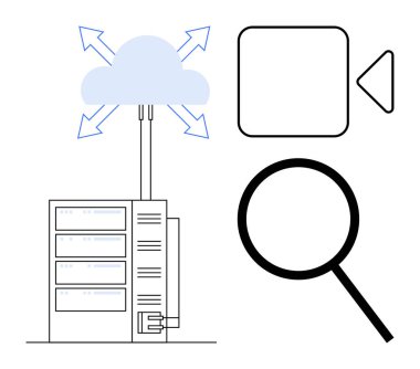 Oklarla buluta bağlanan merkezi sunucu, aramayı sembolize eden büyüteç ve video simgesi. Bulut çözümleri, veri depolama, çevrimiçi yayın, arama optimizasyonu, sunucu için ideal