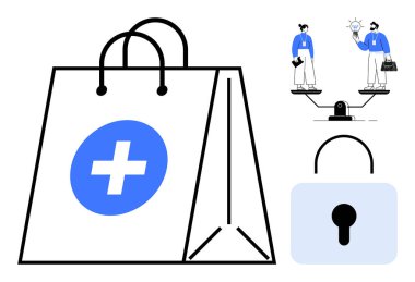 Sağlık sembollü alışveriş torbası, güvenlik kilidi, iş adamlarının denge araçları hakkında fikir alışverişi. Sağlık, güvenli ticaret, yenilik, takım çalışması, denge, koruma için ideal