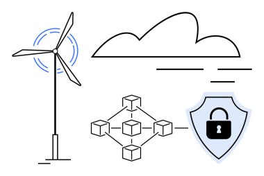 Rüzgar türbini, bulut, engelleme düğümleri ve kilit enerjisi, teknolojisi ve veri güvenliğine sahip bir kalkan. Sürdürülebilirlik, teknoloji, yenilikçi güvenlik dijital altyapısı için ideal