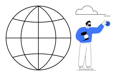 Bir kitabı tutan ve dünya çapında bir ağ grafiğine kablosuz bir sembolle dokunan adam, küresel bağlantı ve teknolojiyi temsil ediyor. Teknoloji, eğitim, iletişim, yenilik ve ticaret için ideal