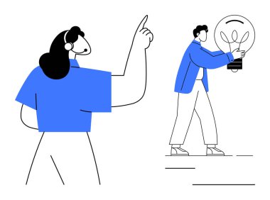 Biri yukarıya bakan, diğeri de ampulü tutan iki kişi. Takım çalışması, yenilik, fikirler, liderlik, yaratıcılık, beyin fırtınası eğitimi için ideal. Temiz ve basit düz metafor