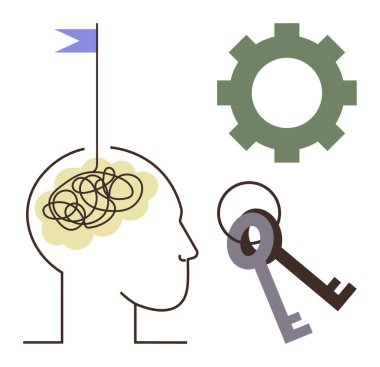 Karışık beyinli, yeşil dişli, anahtarlı ve yaratıcı düşünme, problem çözme öneren bayrak. Akıl sağlığı, yenilik, beyin fırtınası, başarı mantığı için idealdir.