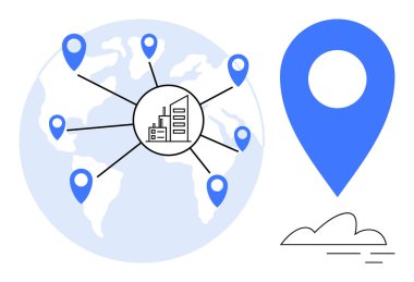 Merkezi şehir simgesine bağlı mavi lokasyonlu küre, büyük konum işareti ve bulut. Küresel dağıtım, lojistik, iletişim, ağ, navigasyon, iş planlaması için ideal