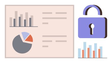 Görüntünün yanında çubuk ve pasta grafikleri olan grafikler, veri görselleştirmesi ve gizlilik temalarını harmanlıyor. Analiz, güvenlik, teknoloji, gizlilik, araştırma, modern tasarım, basit düz metafor