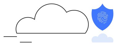 Bulut ana hatları, dijital veri güvenliğini temsil eden parmak izi sembolü olan bir kalkanın yanında. Siber güvenlik, bulut bilgisayarı, veri gizliliği, güvenli erişim, teknoloji, İnternet güvenliği için ideal