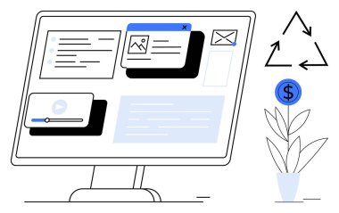 Masaüstü monitörü multimedya içeriğini ve mesajları gösteriyor, geri dönüşüm simgesinin yanı sıra bir dolar para ile ot ekiyor. Teknoloji, sürdürülebilirlik, finans ve çevre dostu uygulamalar için ideal