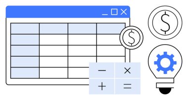 Hesap tablosu arayüzü, hesap makinesi fonksiyonları, dolar simgeleri ve dişli ampul finansal analiz, bütçe, teknoloji ve yenilikleri vurguluyor. İş ve finans teknolojisi için ideal