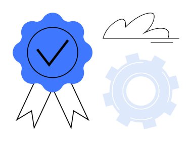 İşaretli ödül kurdelesi, işlevselliği temsil eden vites sembolü ve soyut bulut tasarımı. Sertifika, kalite güvencesi, başarı, yenilik, güvenilirlik, onaylama için ideal