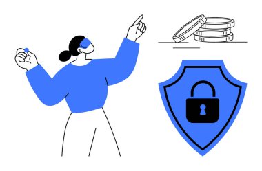 Kadın güven içinde bozuk paraların ve kalkanların yanında kilitli duruyor. Finans, güvenlik, yatırım, tasarruf, kripto para birimi, bütçe, dijital güvenlik temaları için ideal. Basit düz metafor