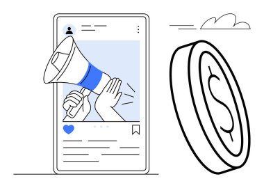 Mobil ekranda el ele tutuşan megafon sosyal medya pazarlamasını sembolize ediyor. Madeni para para ve finansal başarıyı temsil eder. Reklam, iletişim, iş büyümesi ve markalaşma için ideal