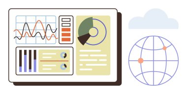 Grafikler, grafikler ve istatistikleri dünya resimlerinin yanında gösteren etkileşimli bir iş konsolu. Veri analizi için ideal, küresel içgörü, iş stratejisi, teknoloji, bağlantılar