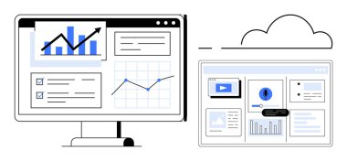 Bulut tabanlı veri paylaşımına bağlı grafikleri, analizleri ve raporları gösteren bilgisayar ekranı. Veri analizi, iş büyümesi, bulut depolama, takım çalışması, teknolojik yenilik, üretkenlik için ideal