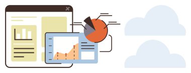 Dijital grafikler, turta grafiği ve tablet ekranı veri içgörüsüyle çevrili ve bulutlara bağlı analitikleri gösteriyor. Teknoloji, iş dünyası, analitik, bulut hesaplama, veri yönetimi, strateji için ideal