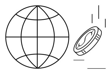 Düşen bir madeni paranın yanında enlem ve boylam çizgileri olan bir dünya. Finans, küreselleşme, ticaret, yatırım, ekonomi, uluslararası ticaret ve zenginlik için idealdir. Basit düz metafor