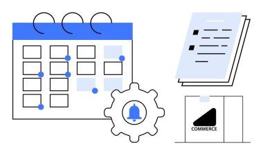 Mavi röfleli takvim, bildirim teçhizatı, istiflenmiş belgeler ve takip görevleri için alışveriş torbası. Planlama, programlama, e-ticaret, zaman yönetimi, verimlilik işleri için ideal dijital