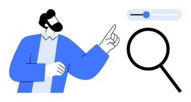 Bir adam arama veya filtreleme seçeneklerini göstermek için bir büyüteç ve sürgüye doğru hareket ediyor. Araştırma, navigasyon, optimizasyon, teknoloji, keşif, analiz için ideal, basit düz metafor