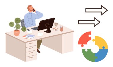 Ofis masasında telefonla konuşan bir adam bilgisayar, bitki, kitaplar, oklar ve renkli bulmaca grafikleriyle. Takım çalışması, iş büyümesi, hedefler işbirliği proje yönetimi için idealdir. Temiz