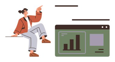 Sıradan bir kadın oturuyor ve yeşil bir arayüz ekranına doğru işaret ediyor bar çizelgesi ve metin düzeni gösteriyor. Analiz, takım çalışması, eğitim, fikirler, yaratıcılık, planlama ve işbirliği için ideal. Basit.