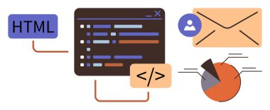 Web Geliştirme HTML ve e- posta simgeleri, kullanıcı profili ve pasta grafiğini temsil eden kodlama penceresi bağlandı. Programlama, analitik, e-posta pazarlama, kullanıcı yönetimi, veri işleme, yazılım için ideal