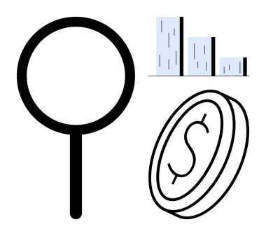 Büyüteç, barın yanındaki madeni parayı inceliyor. Finans, analitik, ekonomi, yatırım, iş büyümesi, denetleme ve araştırma için ideal. Basit bir düz metafor.