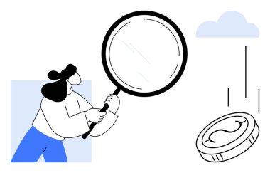 Düşen bir madeni parayı analiz eden bir kadın elinde büyüteç, mali incelemeyi, karar vermeyi ve fırsatı simgeliyor. Finans, analiz, büyüme, yatırım, sorun çözme seçenekleri için ideal