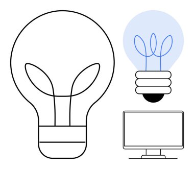 Büyük ve küçük ampuller ve bilgisayar ekranının yanında yapraktan esinlenilmiş filamanlar. Sürdürülebilirlik, enerji verimliliği, eko tasarımı, yeşil teknoloji, yenilik, çevre, basit düz