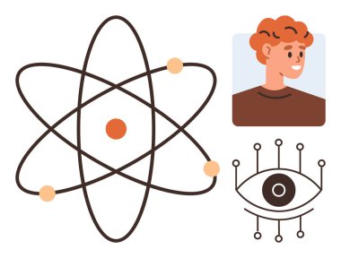 Yörüngedeki elektronları, insan portresi ve yapay zekaya bağlı göz sembolü olan atom modeli. Bilim, teknoloji, yenilik, yapay zeka, insan-makine bağlantısı araştırma eğitimi için idealdir. Basit düz metafor