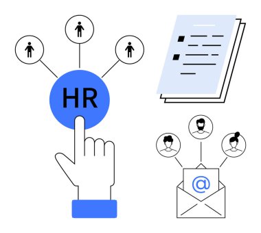 Adayları birbirine bağlayan İK merkezine dijital iletişimi ve belgeleri temsil eden e-posta. İşe alım, insan kaynakları, takım çalışması, işe alım, dijital bağlantı, yönetim için ideal