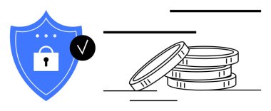 Çevrimiçi güvenlik ve dijital ekonomiyi temsil eden bozuk paraların yanında kilit ve kontrol işareti olan mavi bir kalkan. Finans, siber güvenlik, yatırım, fintech, e-ticaret, veri koruması, modern