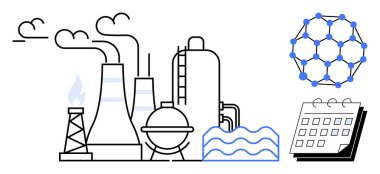 Etrafı moleküler yapı ve takvim ikonu ile çevrili, su ile duman yayan fabrika. Sürdürülebilirlik, kirlilik, bilim, sanayi, zaman yönetimi, araştırma, çevre
