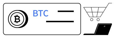 Basitleştirilmiş bir kartın yanında Bitcoin logosu ve kısaltması. Yanında da alışveriş arabası ve laptop var. Kripto para birimi, ödeme sistemleri, dijital cüzdanlar, fintech, e-ticaret, yenilik, basit