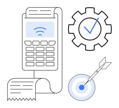 Ödeme terminali işlem makbuzu, işaretli mavi dişli ve hedefte dart. Finans, verimlilik, hedef başarısı, teknoloji, iş planlaması, stratejik nakitsiz sistem için ideal