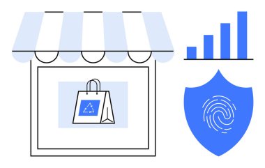 Çevre dostu alışveriş çantası, güvenlik için parmak izi kalkanı ve büyümeyi sembolize eden çizelge. Çevrimiçi alışveriş, siber güvenlik, sürdürülebilirlik, analitik, yenilik ve iş için ideal