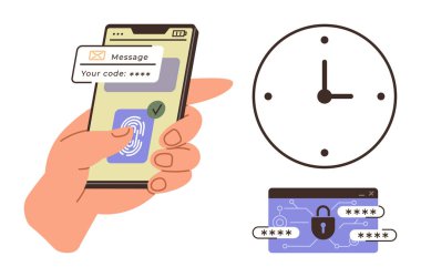 Parmak izi taraması ve zamana duyarlı güvenlik giriş arayüzü için kod doğrulama saatiyle el ele tutuşan telefon. Siber güvenlik, kimlik doğrulama, şifreleme, gizlilik, teknoloji ve zaman için ideal