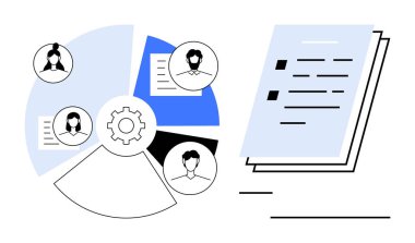 Profil resimleri, belgeler ve takım çalışmasını, görev dağılımını ve iş akışını sembolize eden teçhizat içeren dairesel çizelge. İşbirliği, organizasyon, planlama, takım çalışması üretkenlik iletişimi için ideal