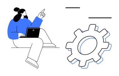 Dizüstü bilgisayar kullanan bir kadın, işbirliğini, teknolojiyi, fikirleri ve verimliliği simgeleyen büyük bir vitese doğru hareket ediyor. Takım çalışması, yenilik, süreç geliştirme, teknoloji üretkenliği için ideal