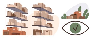 Depo rafları kutularla dolu, açık hava deposu yeşillikle dolu, ve kalite kontrol gözü işaretli. Lojistik, depolama, teslimat, envanter yönetimi, kalite güvencesi, arz için ideal