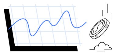 Bulutlara doğru düşen bir madeni paranın yanında değişen veri eğilimleriyle çizgi grafiği. Finans, ekonomi, iş büyümesi, risk, piyasa analizi, yatırım ve karar verme için ideal. Basit düz metafor