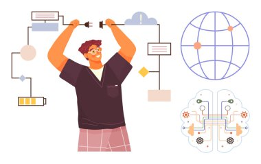 Küresel bir ağ, yapay zeka beyin diyagramı ve batarya görselleri ile çevrili devre bağlantıları olan biri. Yenilik için ideal, takım çalışması, teknoloji entegrasyonu, problem çözme, modern sistem enerjisi