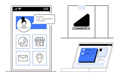 Profil ve uygulama simgelerine sahip akıllı telefon, mağaza vitrininde eCommerce logosu ve web sayfası açık dizüstü bilgisayar. Teknoloji, iş, e-ticaret, iletişim, pazarlama, çevrimiçi hizmetler için ideal