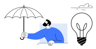 Şemsiye tutan kişi koruma sağlar, yaratıcılık ampullerle vurgulanır, minimalist bulutlar. Yenilik, problem çözme, beyin fırtınası, güvenlik, dayanıklılık, planlama liderliği için ideal