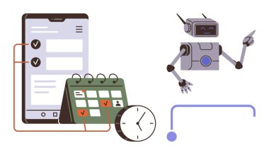 Robot kontrol listesi, takvimi ve saati olan cep telefonuyla görevleri yönetiyor. Otomasyon, programlama, verimlilik, yapay zeka, verimlilik organizasyonu ve yenilik için ideal. Kusursuz düz tasarım metaforu