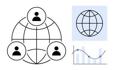 Satır, dünya sembolü ve veri eğilimlerini gösteren grafiklerle bağlı kullanıcı simgeleriyle bağlantılı ağ yapısı. Küreselleşme, takım çalışması, analitik, ağ oluşturma ve işbirliği için ideal